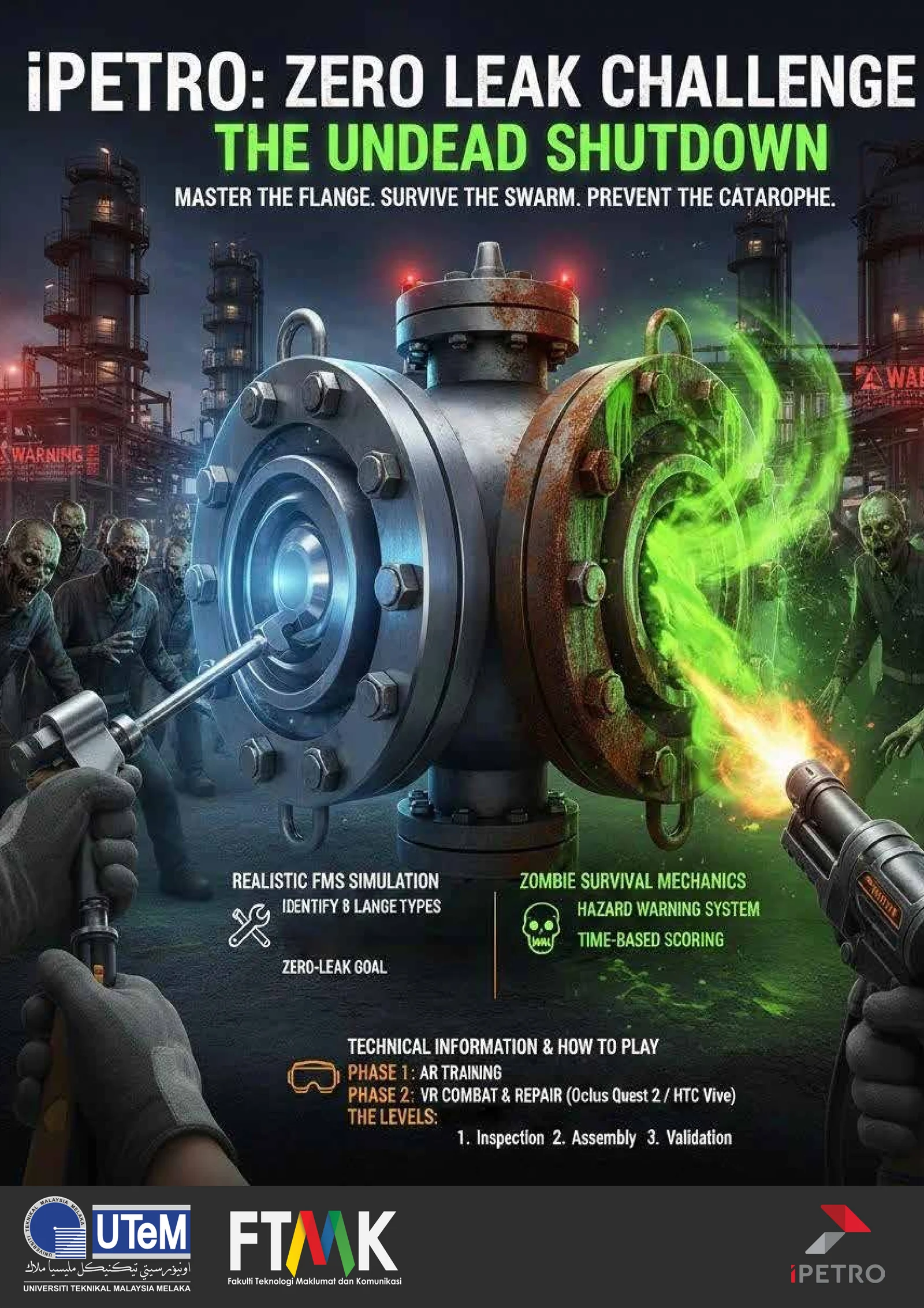 Official iPETRO Zero Leak Challenge poster featuring a flange, repair tools, and zombie survival theme
