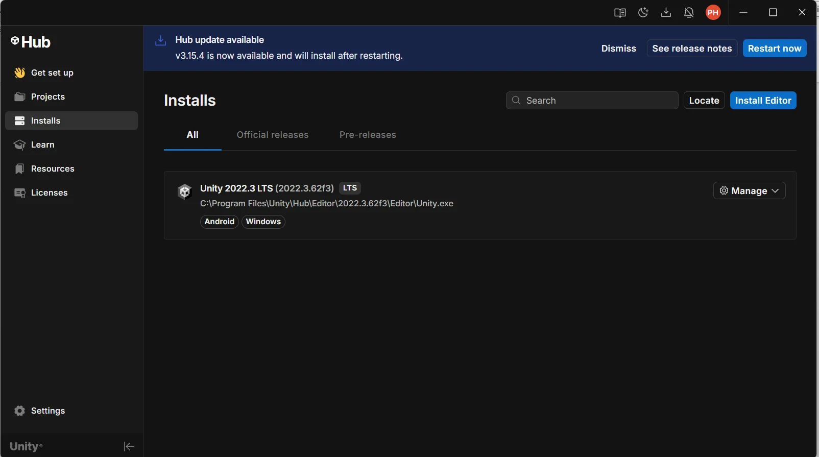 Unity Hub showing the Unity 2022.3 LTS environment used for iPETRO