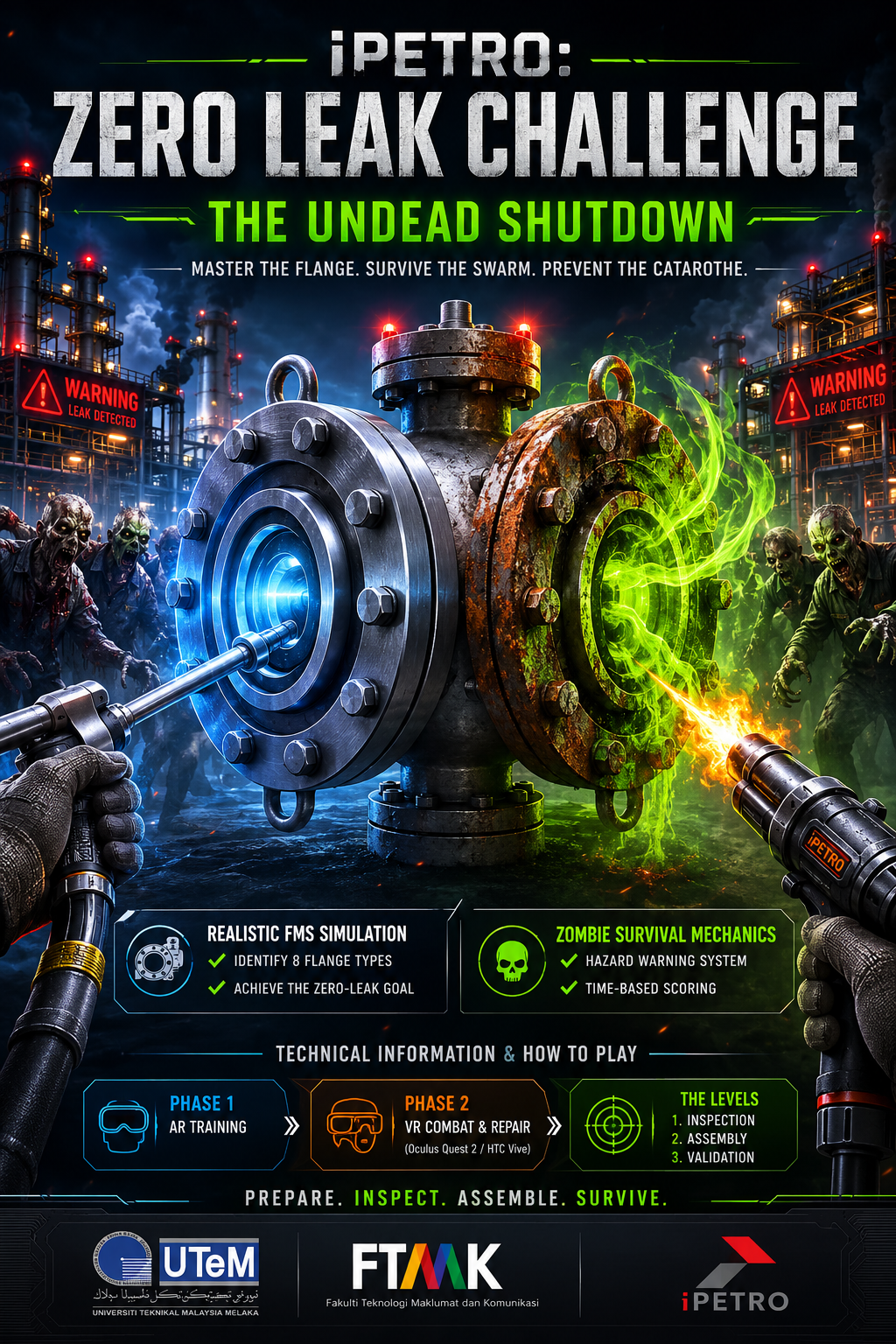 iPETRO Zero Leak Challenge poster featuring flange repair and zombie survival gameplay
