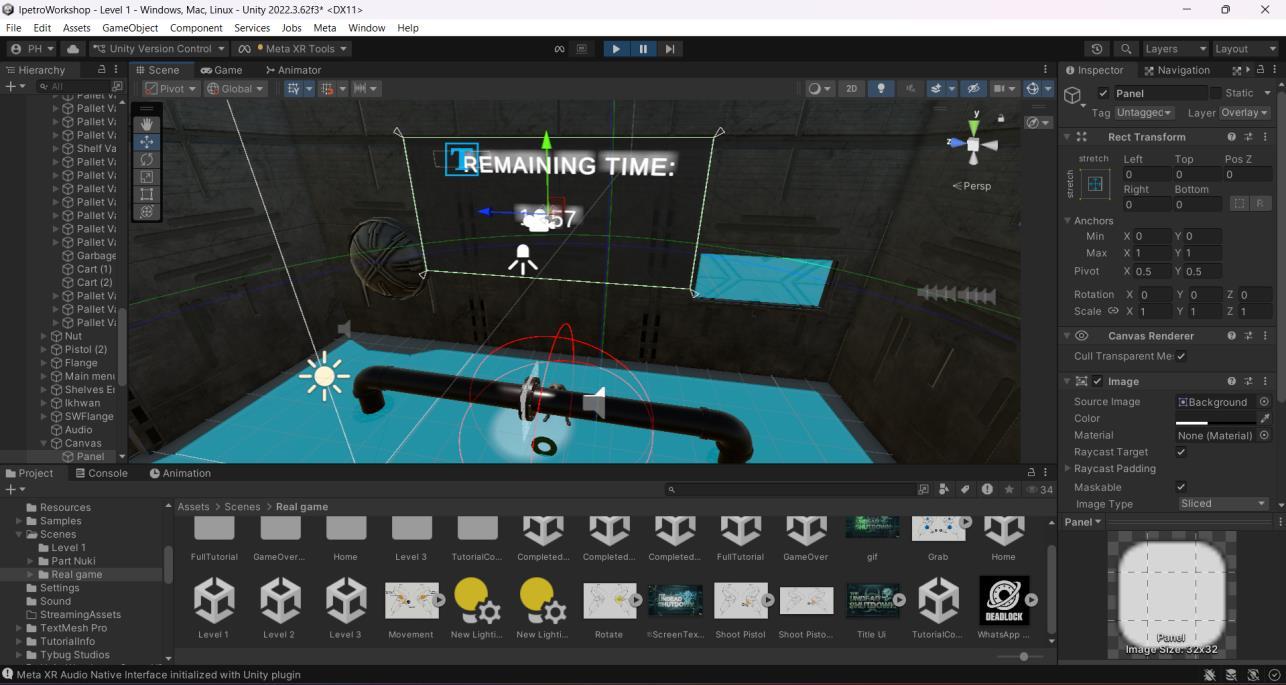 iPETRO Unity scene with a spatial remaining-time display