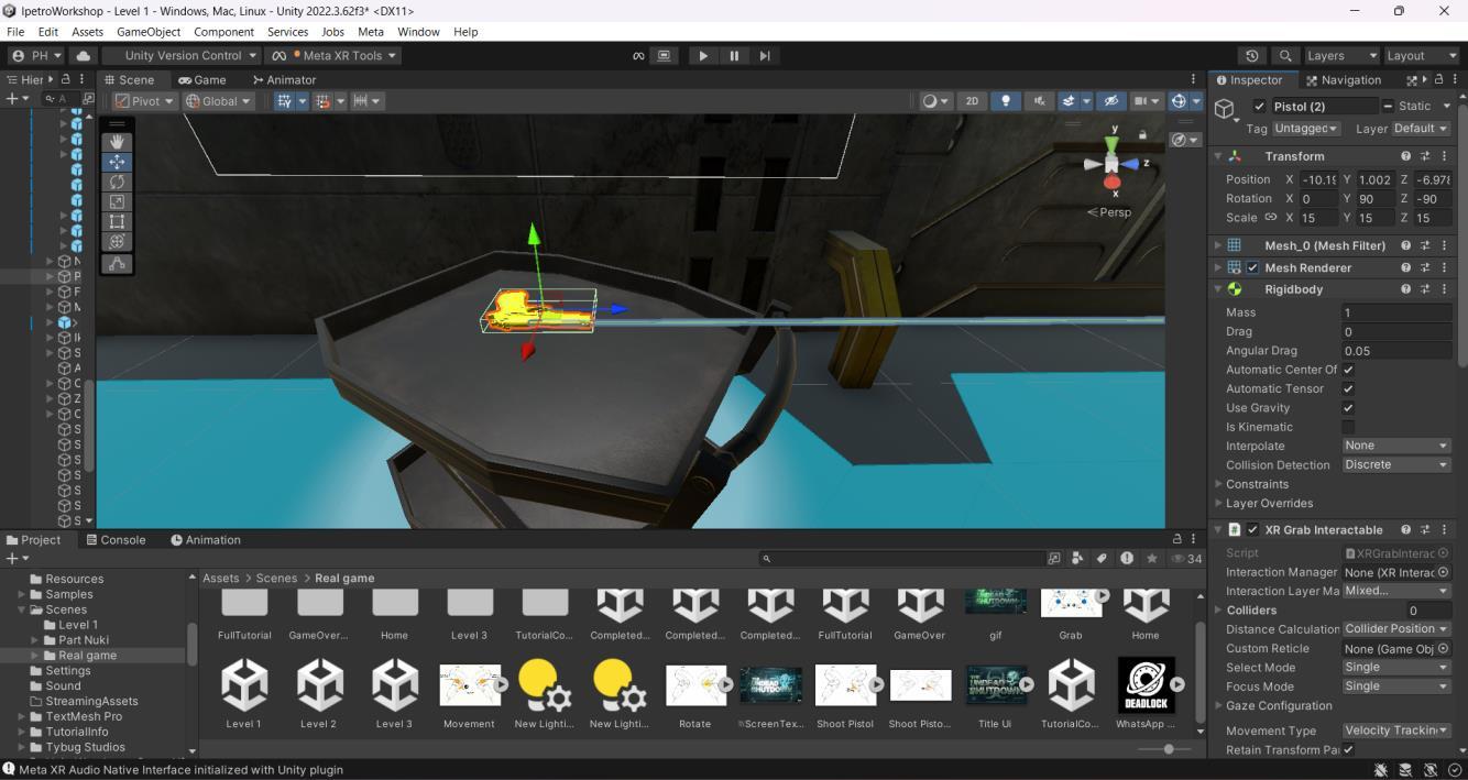 Unity editor showing the flange workspace and XR Grab Interactable configuration