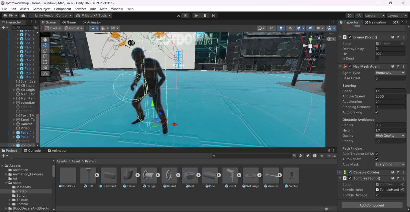 Unity editor showing zombie navigation inside the iPETRO industrial environment