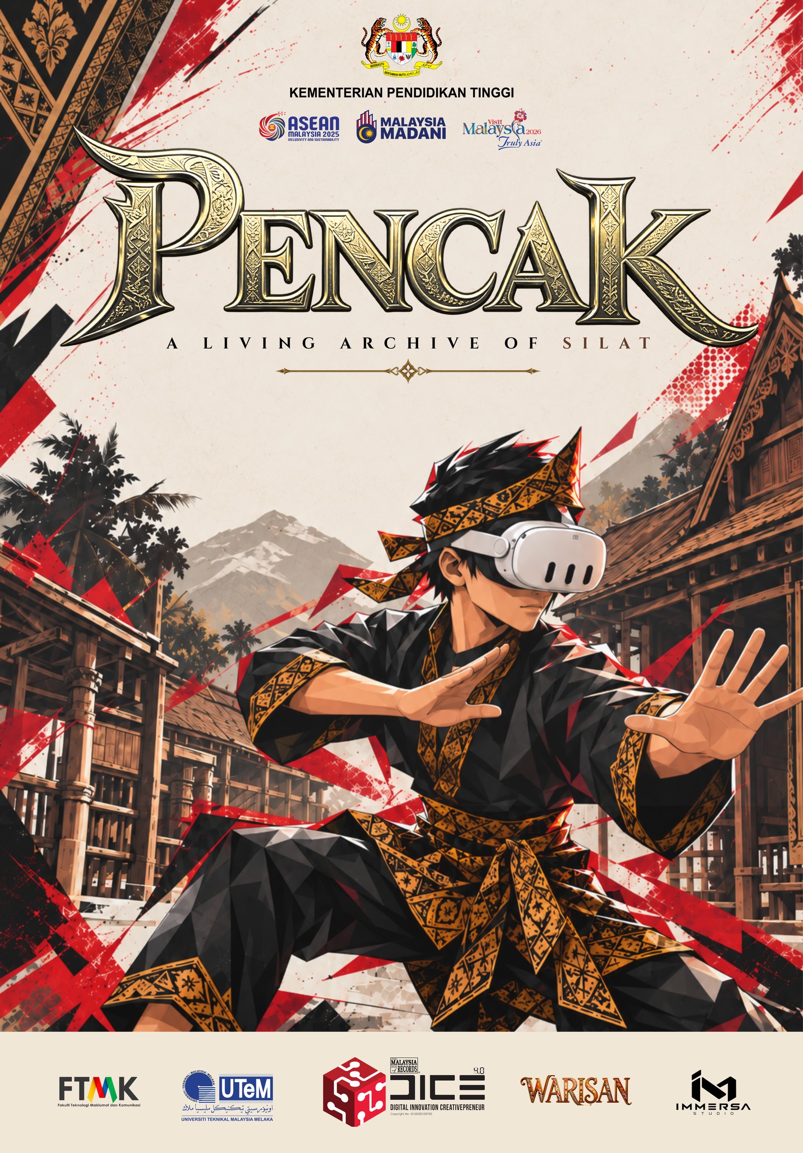 PENCAK project poster featuring a silat practitioner in a VR headset