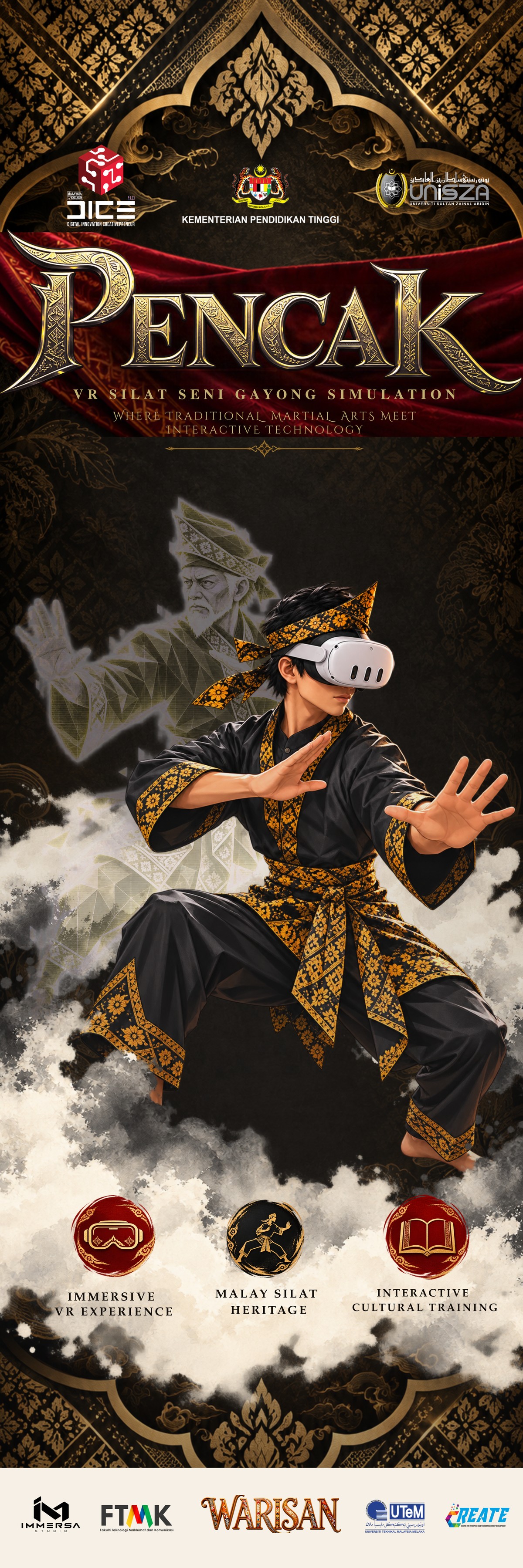 PENCAK standee featuring a silat practitioner in a VR headset