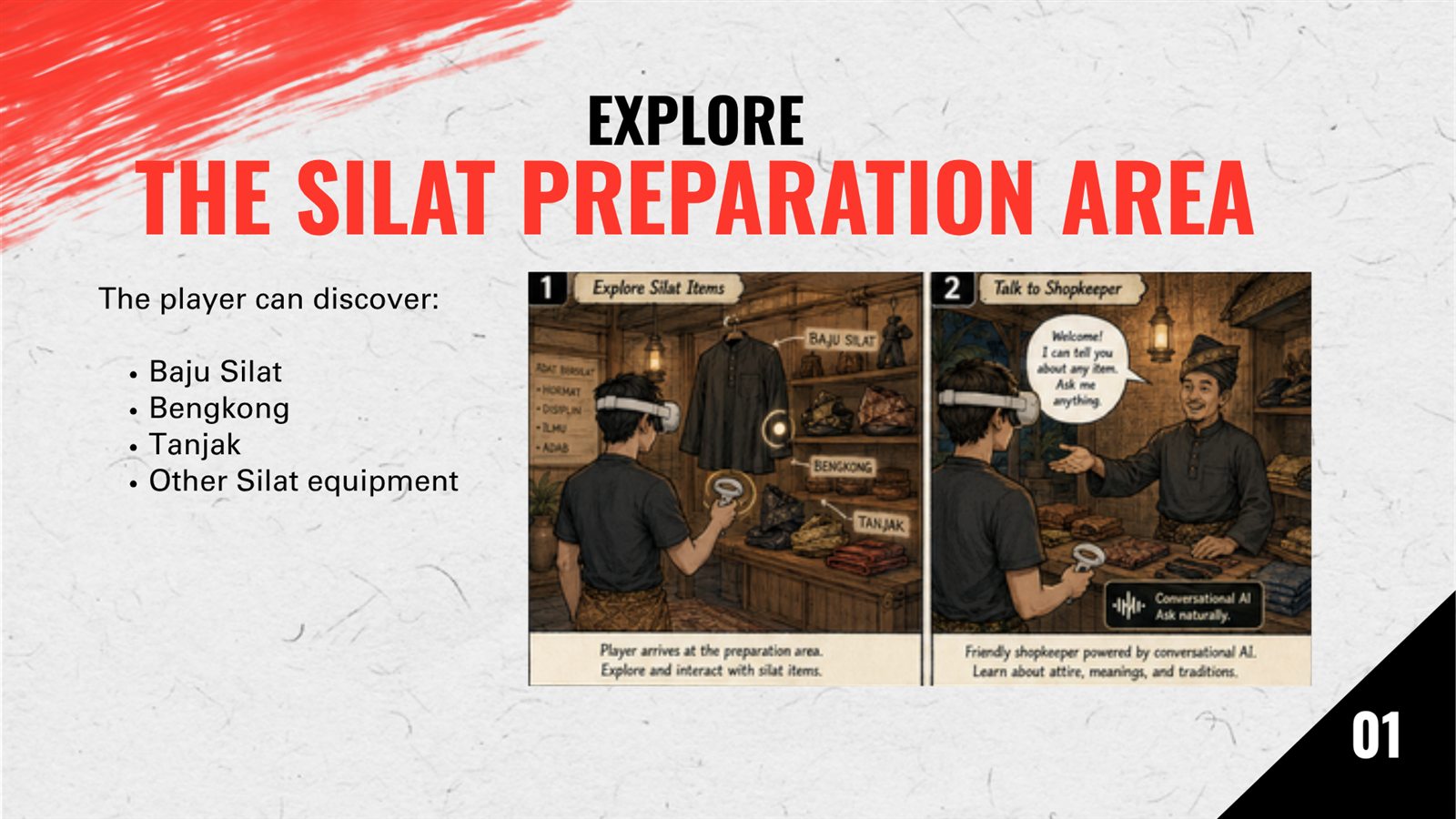 Concept slide showing a player exploring silat attire in a preparation area