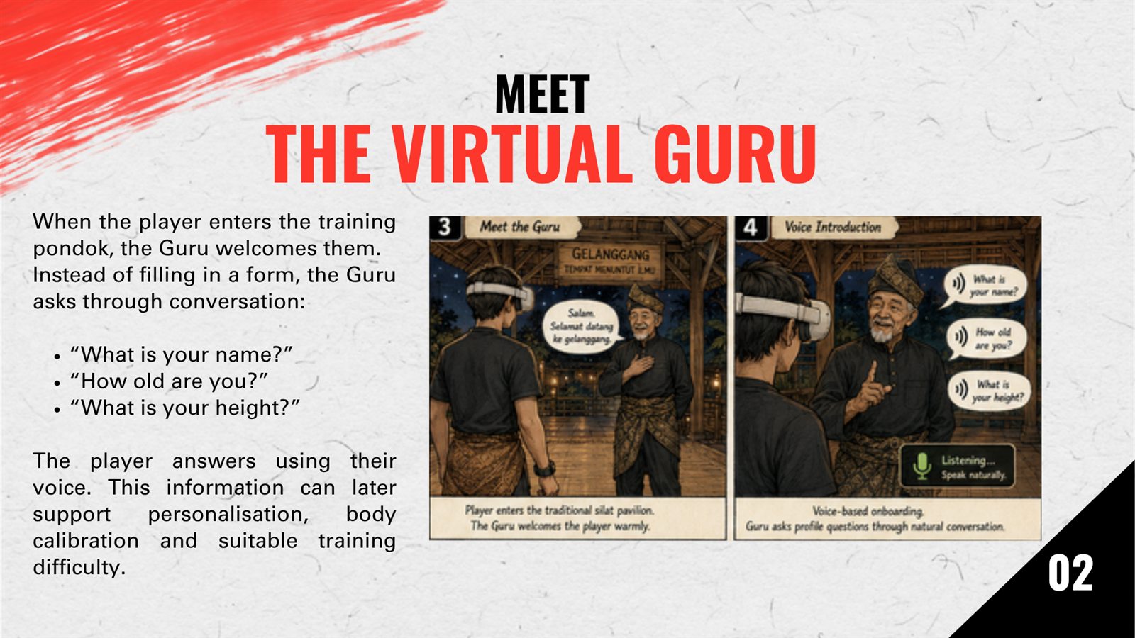 Concept slide showing the Virtual Guru welcoming a player