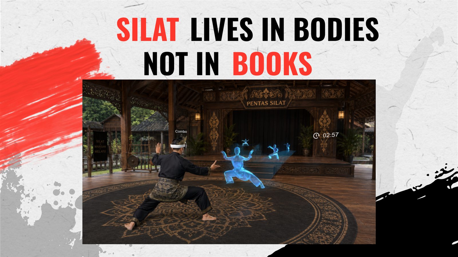 PENCAK concept slide showing a silat practitioner training in a traditional pavilion