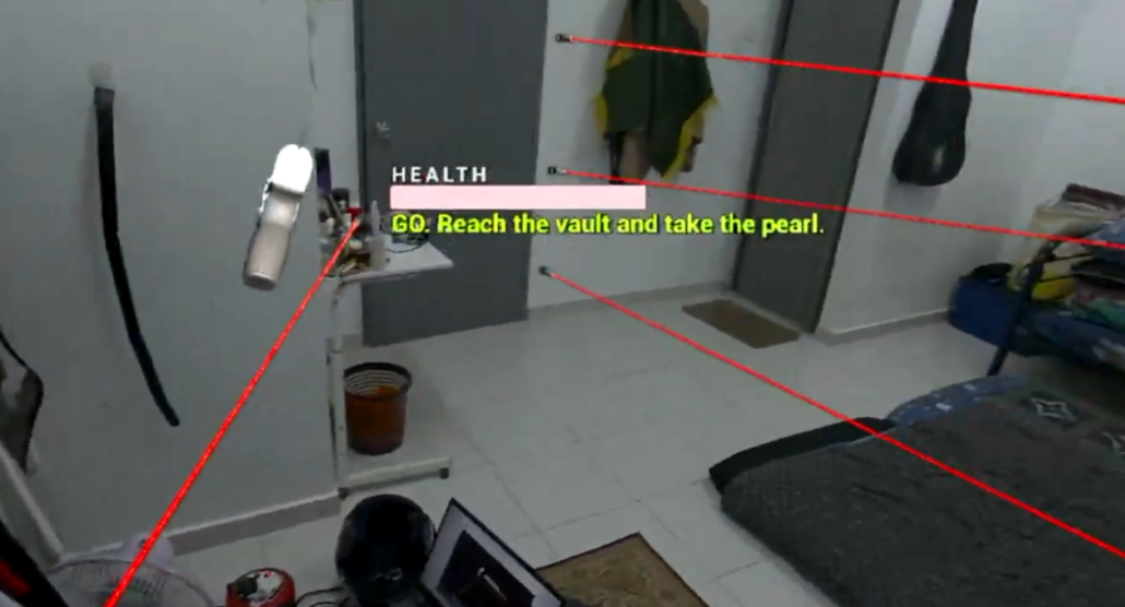 Generated mixed reality security route with red lasers