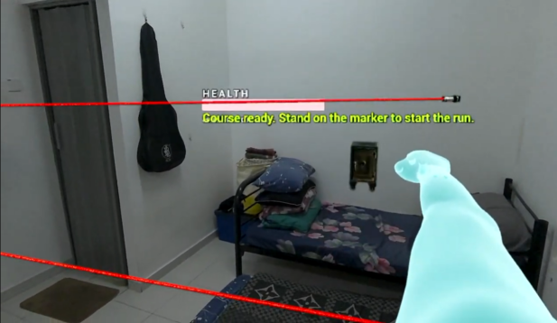 VaultBreak MR passthrough gameplay with red laser obstacles