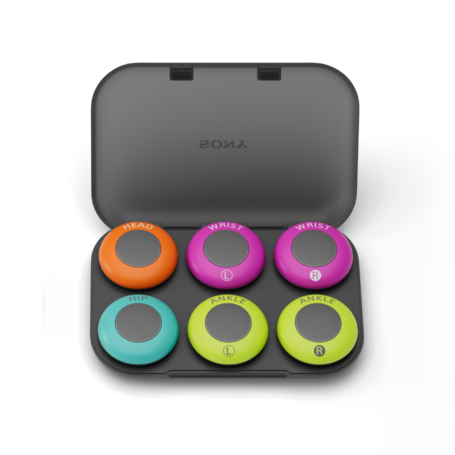 Sony Mocopi set containing six colourful wearable motion sensors