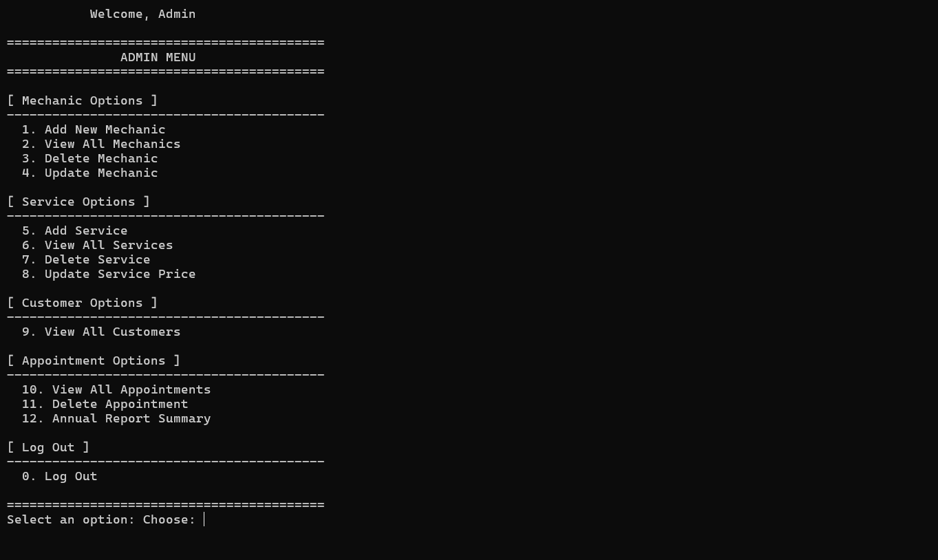 Administrator menu with mechanic, service, customer, appointment, and reporting options