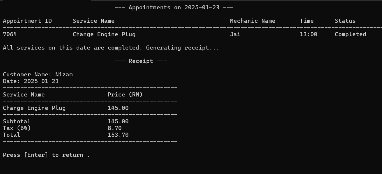 Completed appointment details and generated receipt with price, tax, and total