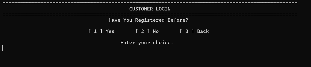 Customer login screen with registration and back options
