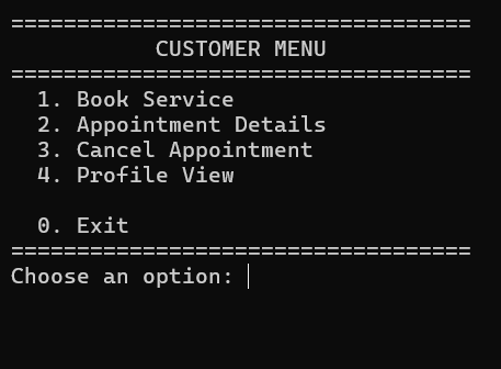 Customer menu with booking, appointment details, cancellation, and profile options