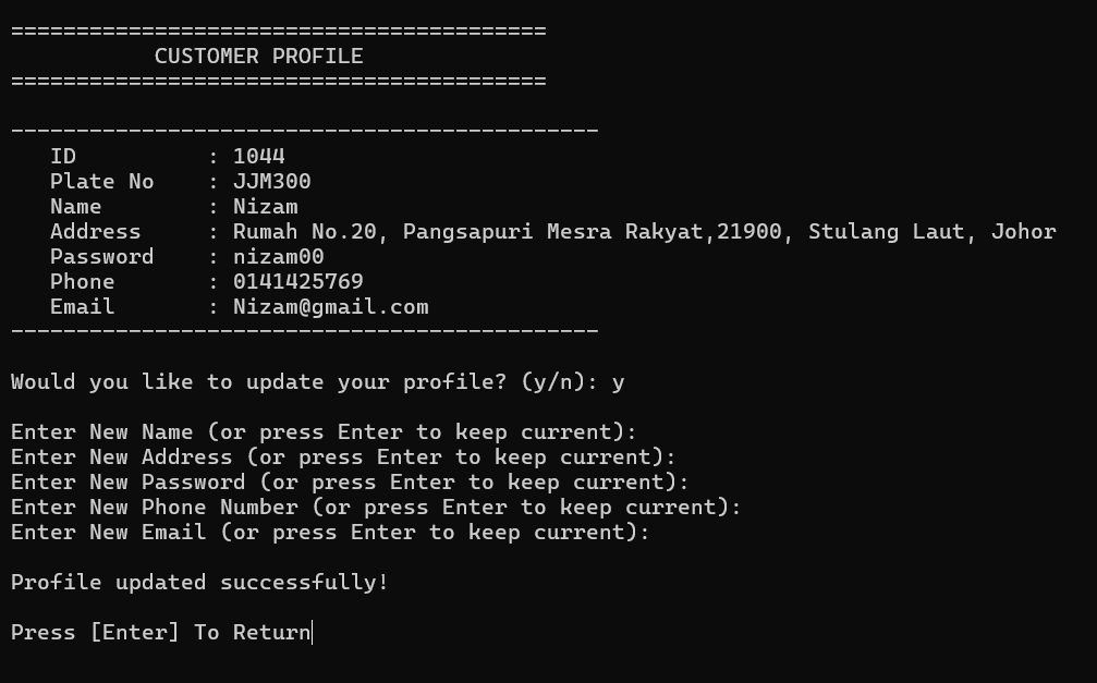 Customer profile with editable personal and vehicle details