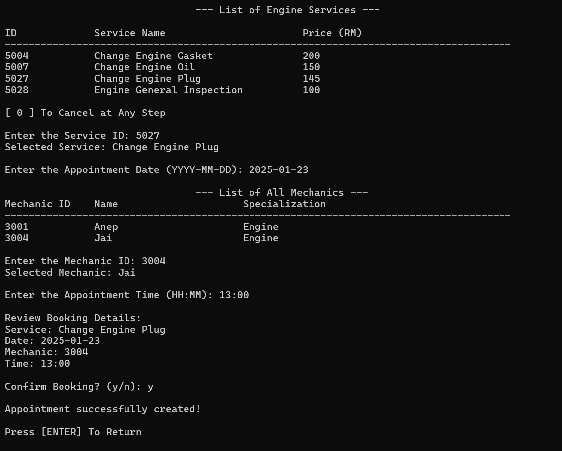 Engine service booking flow showing services, mechanics, date, time, and confirmation