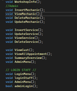 C++ function declarations for administrator, service, customer, and login operations