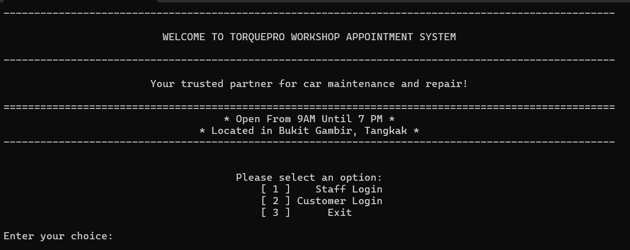Main login screen for the Car Workshop Appointment System with staff and customer login options