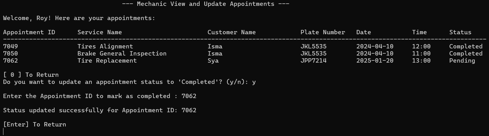 Mechanic appointment list with status update controls