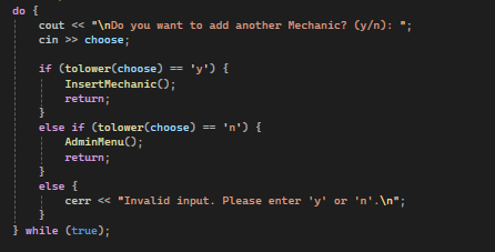 C++ do-while selection logic for adding another mechanic