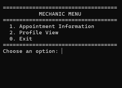 Mechanic menu with appointment information and profile options