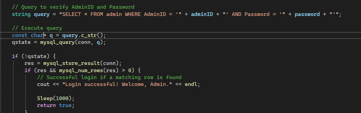 C++ pointer and mysql_query code used to verify administrator credentials