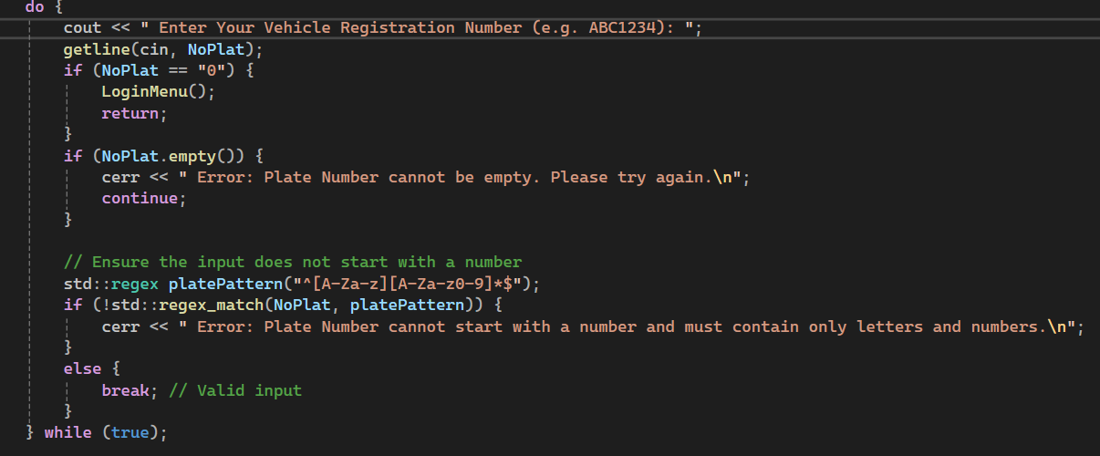 C++ vehicle registration validation code
