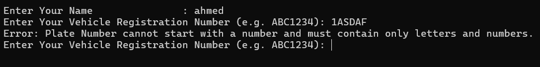 Console output showing invalid vehicle registration input and retry messages