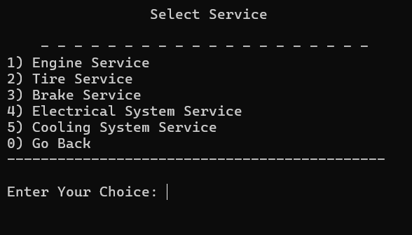 Service selection menu listing engine, tire, brake, electrical, and cooling system services