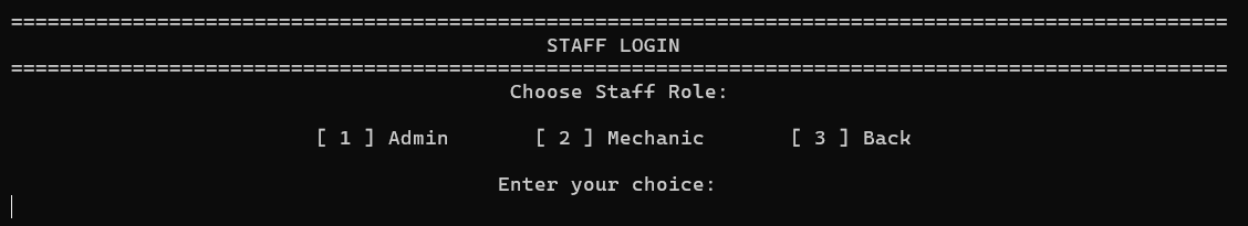 Staff login screen offering administrator and mechanic roles