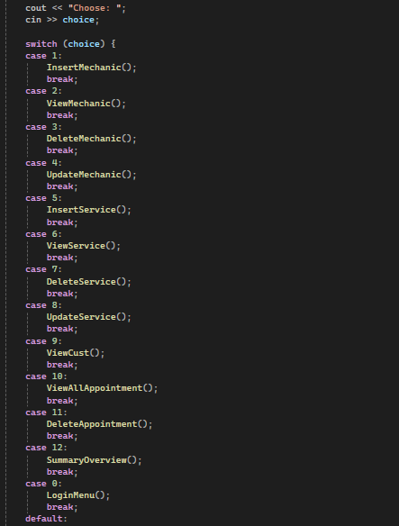C++ switch statement routing administrator menu choices